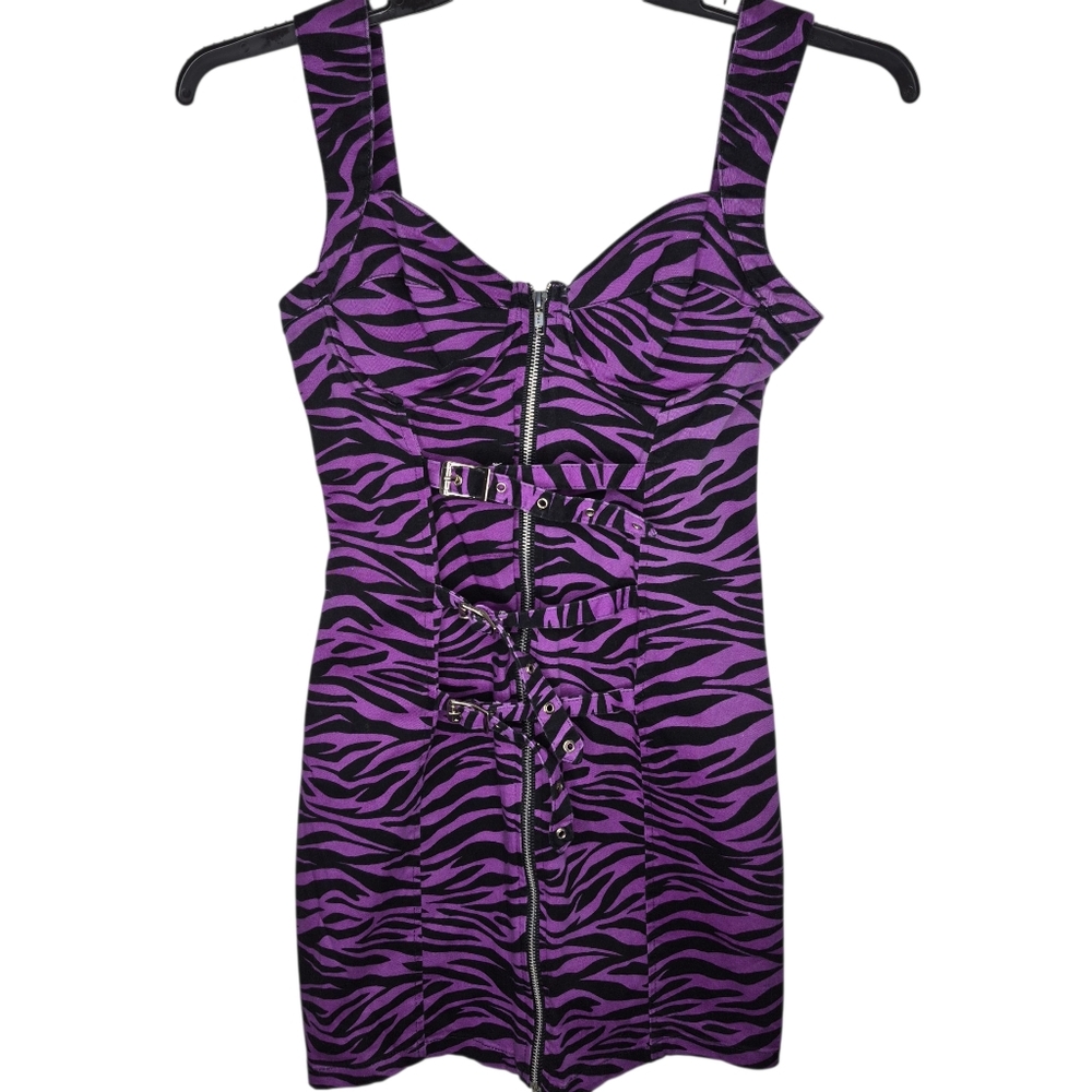 Switchblade Stiletto Purple Zebra Print Mini Dress Front Zipper and Buckle Small
